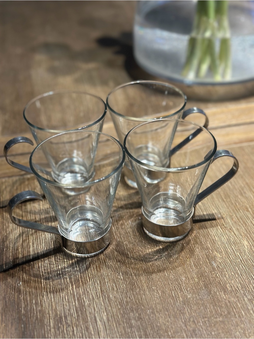 Bormioli Rocco Tempered Glass Tea Cups with Silver Handles and Bases - Set of 4